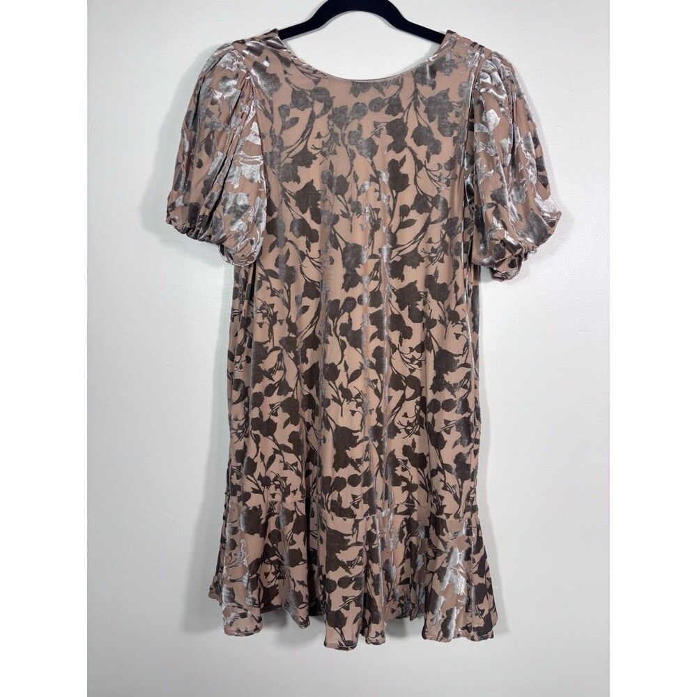 THML Size M Womens Brown Gray Velvet Floral Puff Sleeve Drop Waist Dress - EUC